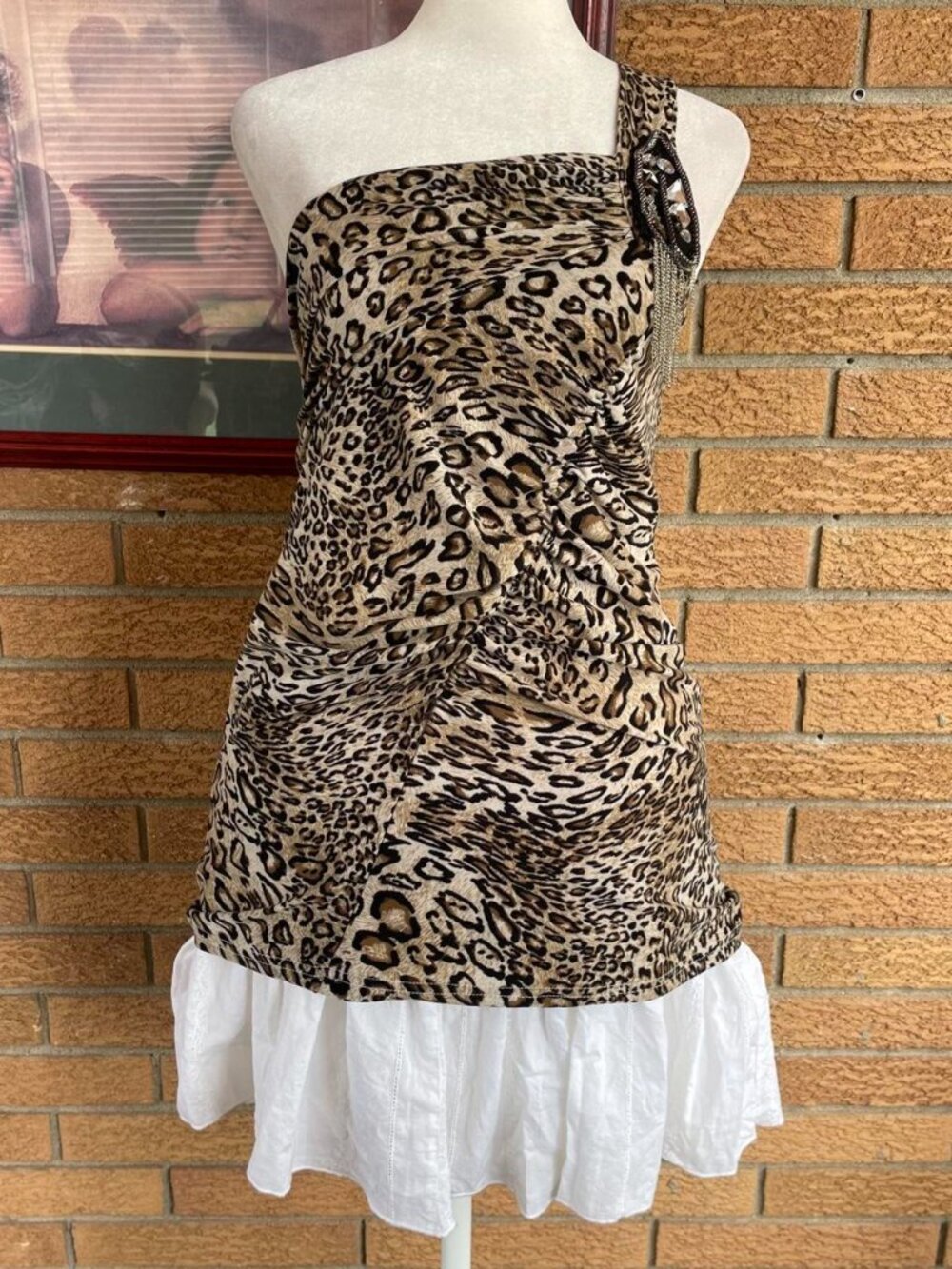 Y2K leopard print one shoulder top with beaded and chain embellishments
